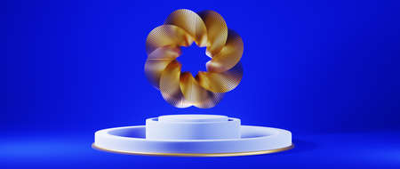 3d render of blue and gold podium. Background with geometric composition, semicircular stand. Modern...
