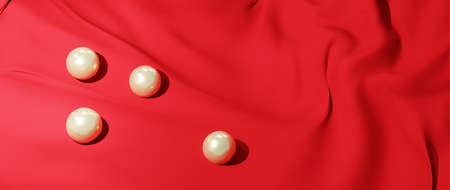 3d render of white pearls and red cloth. iridescent holographic foil. abstract art fashion background.の写真素材