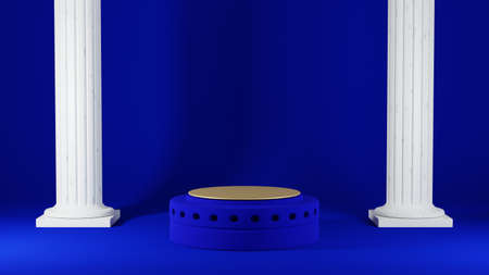 3d render of blue and gold podium. Background with geometric composition, semicircular stand. Modern design.の写真素材