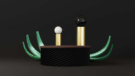 3d rendering of black podium pedestal isolated on black background, gold frame, memorial board,...