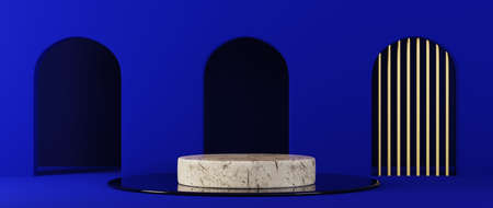 3d render of podium. Blue and gold color Background with geometric composition, semicircular stand. Modern design.の写真素材