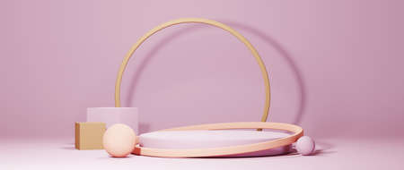 3D rendering of mockup background. Podium for show product. Blank scene showcase with empty round...