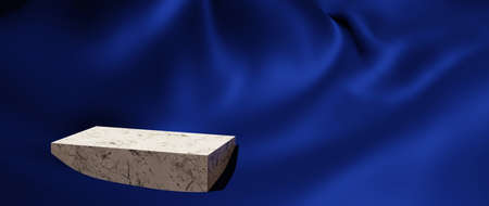 3d render of blue cloth and marble podium. Abstract art fashion background. Scene stage platform showcase, product, presentation, cosmetic on podium.の写真素材
