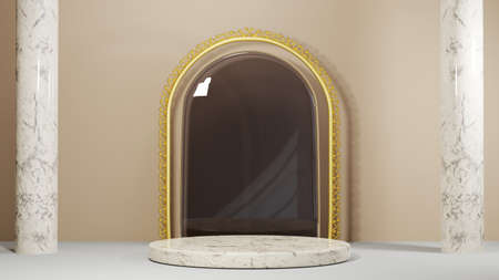 3D rendering of podium background. Mockup for show product. Blank scene showcase with empty round...