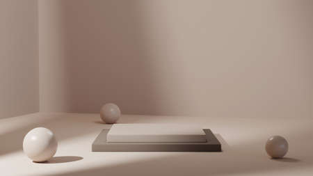 3D rendering of White podium with gray base for displaying products in a white room background. Mockup for show product.の写真素材