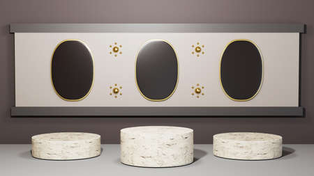 3D rendering of Three white marble podiums in a gray room background. Mockup for show product.