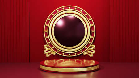 3D rendering of Red podium for displaying products in a red-toned room background. Mockup for show product.の写真素材