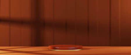 3D rendering of Wood grain podium for displaying products in a brown tone room background. Mockup for show product.の写真素材