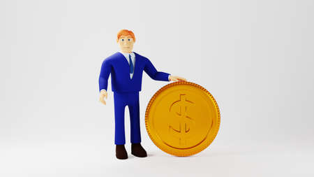 3D render of business man and gold coins on a white background. Business online concept.の写真素材