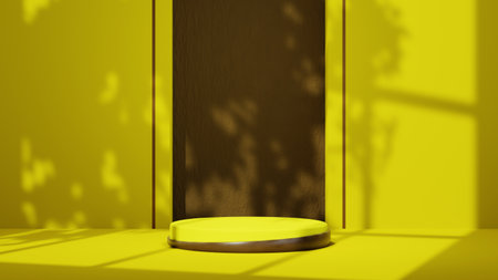 3D rendering of Podium for displaying products And the yellow has a window shadow background. Mockup for show product.の写真素材