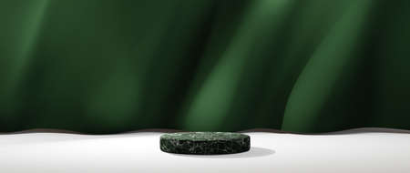 3D rendering of Green marble podium for product display and green curtain screen background and shadow from the window background. Mockup for show product.の写真素材