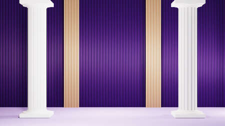 3D rendering of The purple tone screen has Greek columns for displaying products background. For...