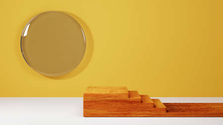 3D rendering of Wooden podium for displaying products in a light brown room background. Mockup for show product.の写真素材