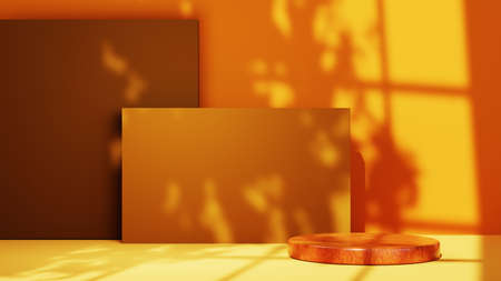 3D rendering of Podium for displaying products in an orange tone room shadow from window background. Mockup for show product.の写真素材