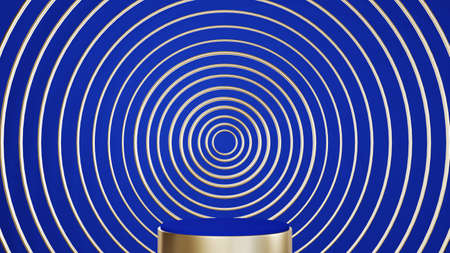 3D rendering of Gold and blue podium for displaying products in a blue room background. Mockup for show product.の写真素材