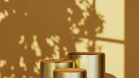 3D rendering of Podium for displaying three products in a light brown room background. Mockup for...