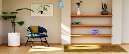 3D render of Home interior with ethnic decoration. Modern living room in house or apartment.の写真素材