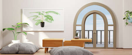 3D render of Home interior with ethnic decoration. Modern living room in house or apartment.の写真素材
