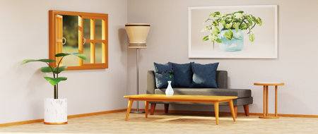 3D render of Home interior with ethnic decoration. Modern living room in house or apartment.の写真素材