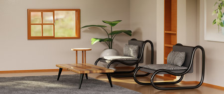 3D render of Home interior with ethnic decoration. Modern living room in house or apartment.の写真素材