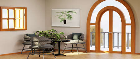 3D render of Home interior with ethnic decoration. Modern living room in house or apartment.の写真素材