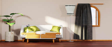 3D render of Home interior with ethnic decoration. Modern living room in house or apartment.の写真素材