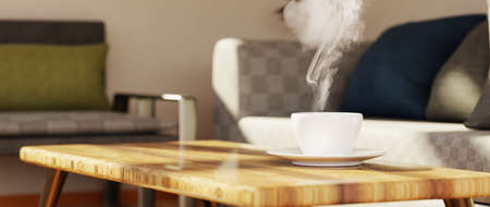 3D render of coffee cup with smoke on house or office blur background.の写真素材