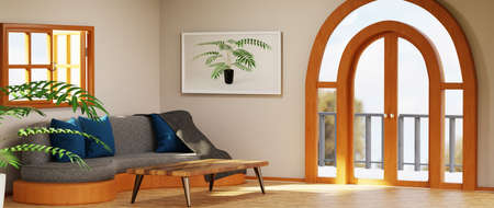3D render of Home interior with ethnic decoration. Modern living room in house or apartment.の写真素材