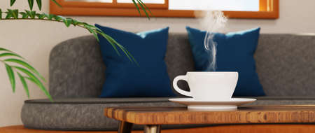 3D render of coffee cup or chocolate with smoke at home cafe or office on blur background.の写真素材
