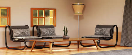 3D render of Home interior with ethnic decoration. Modern living room in house or apartment.の写真素材