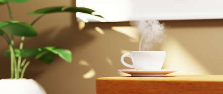 3D render of coffee cup or chocolate with smoke at home cafe or office on blur background.の写真素材