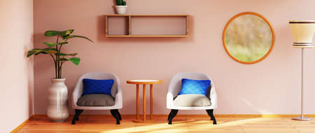 3D render of Home interior with ethnic decoration. Modern living room in house or apartment.の写真素材