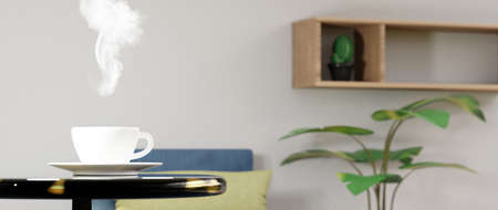 3D render of coffee cup or chocolate with smoke at home cafe or office on blur background.の写真素材
