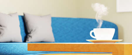 3D render of coffee cup or chocolate with smoke at home cafe or office on blur background.の写真素材
