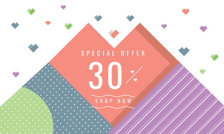 abstract geometric promotion sale banner with discount offer, valentine's day concept, heart vivid background, Memphis styleのイラスト素材