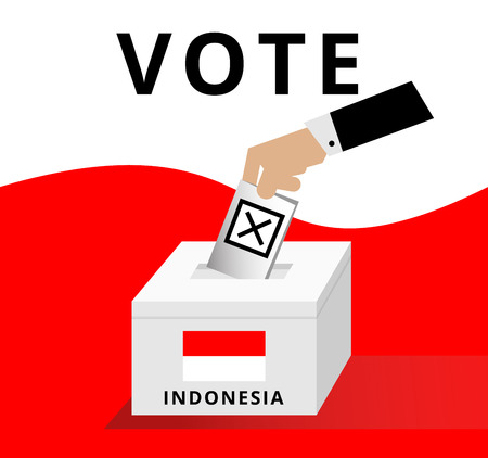 Eligible voter or constituency dropping ballots in the election box with national flag patterns, hand of Indonesian man in black suit drop the card with Ballot cross for vote into the case, politics vector and illustrationのイラスト素材