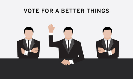 Three business man in suit hand up over head and arm folding for election and hand vote in conference room or meeting room to achieve about dealing commitment and agreement resolutionのイラスト素材