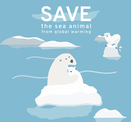 The illustration reflects the current environmental problems of the polar bear, ice is constantly melting, solve global warming Campaign and designのイラスト素材