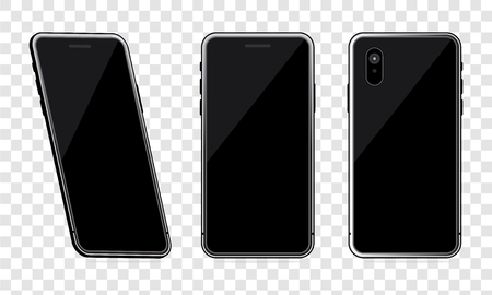 Black phone mock up set on transparent background, Realistic perspective smartphone mock-ups set isolated. Vector illustration for printing and web design element, Game and application mock upのイラスト素材