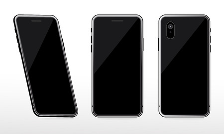 Black phone mock up set on white background, Realistic perspective smartphone mock ups set isolated. Vector illustration for printing and web design element, Game and application mock upのイラスト素材