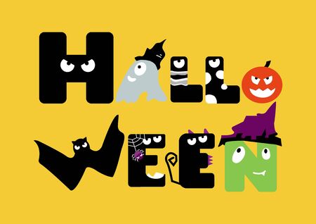 Cute cartoon character gang for yellow Halloween theme background by vector and illustration designのイラスト素材