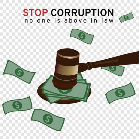Big money or bribe cash under a gavel of court to judge many of lawsuit on transparency background represent to the stop corruption campaign meaning no one is above in law by vector and illustrationのイラスト素材