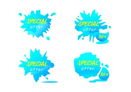 blue splash tag sale banner, waterdrop vectors or discount promotion element design with text box isolated on white backgroundのイラスト素材