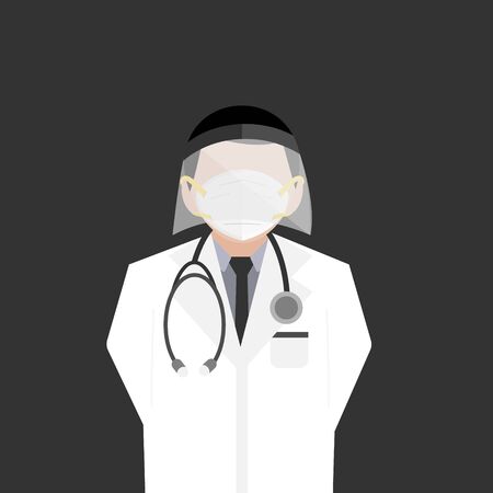 A doctor wear hygienic mask and anti-saliva sanitary shield to protect virus infection and secretions healthcare vector isolated on gray backgroundのイラスト素材