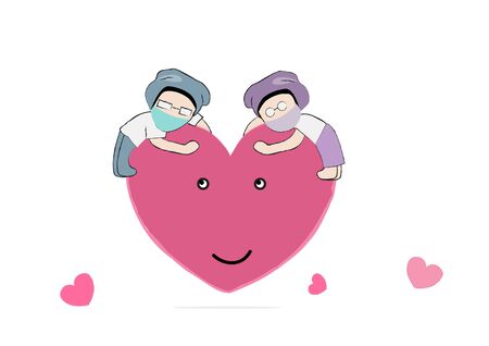 couple Gohan cartoon character keep social distancing on heart balloon vector in Coronavirus or Covid19 eraのイラスト素材