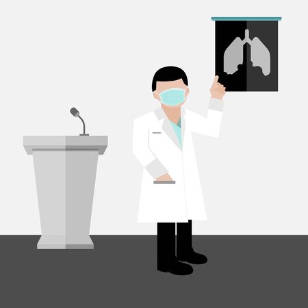 A doctor wear hygienic green mask is explaining lung infection with x-ray film vectors and illustrationのイラスト素材