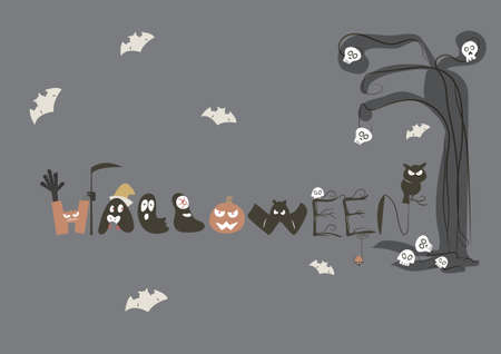 set of cartoon character of halloween background, typography vectorsのイラスト素材
