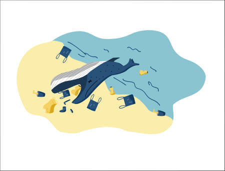 Giant dead whale on ocean beach with plastic pollution ploblem vectors and illustration