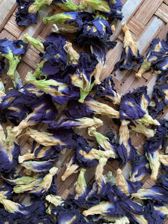fresh and dried butterfly pea flowers on a bamboo trayの写真素材