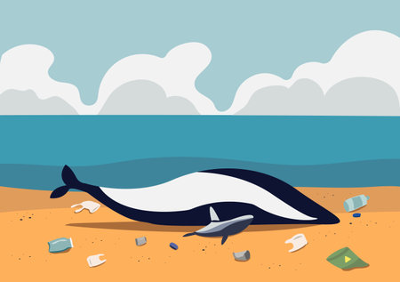 Illustration of a whale and garbage on the beach. Vector illustrationのイラスト素材